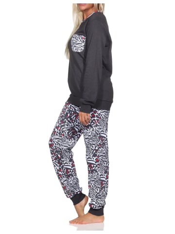 NORMANN Kuschel interlock Schlafanzug langarm Bündchen Animalprint - 81917 in anthrazit