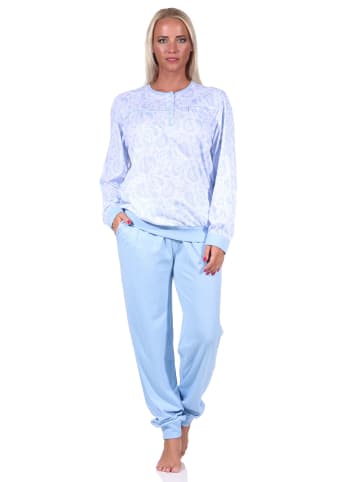 NORMANN Pyjama Schlafanzug Bündchen und Knopfleiste am Hals Paisley Design in hellblau