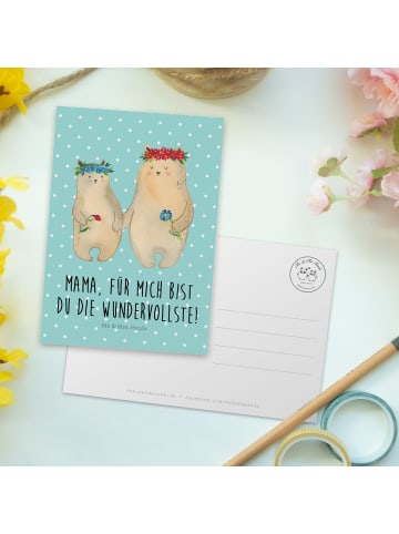 Mr. & Mrs. Panda Postkarte Bären mit Blumenkranz mit Spruch in Türkis Pastell