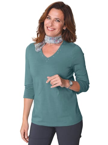 GOLDNER Shirt T-Shirt mit charmantem Ausschnitt und Schmucksteinchen in salbei