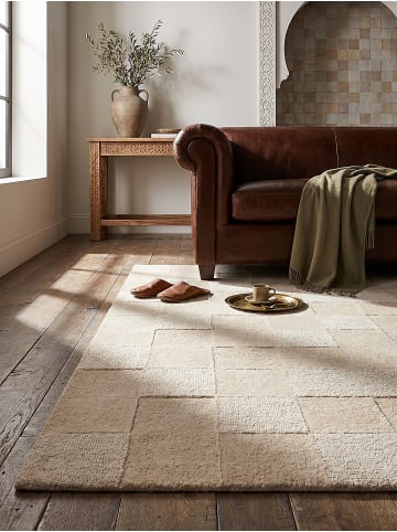 KADIMA DESIGN Wollteppich Kurzflor DEBEN Geometrisch Karo Naturfaser in Beige