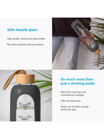 Intirilife Trinkflasche aus Glas mit Zeitmarkierung Wasser Flasche 820 - 900 ml in Grau
