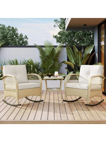 ABRIHOME Rattan Schaukelstuhl-Set mit 2 Stühlen und Glas-Tisch in Beige