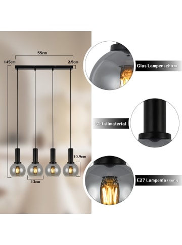 ZMH Pendelleuchte in Schwarz und rauchgrau 4-flammige E27 Glas und Metall