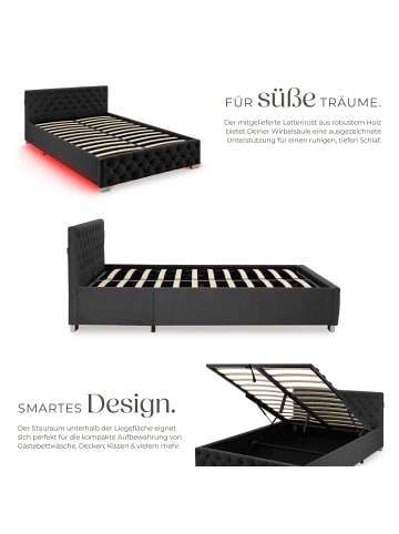 tectake Komfortbett mit LED-Leisten & Stauraum - Samtoptik mit Steppmuster