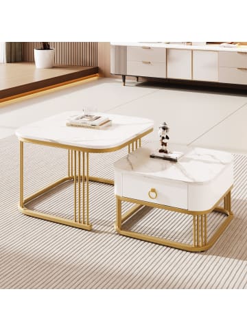 ABRIHOME Weißes Couchtisch-Set (2-teilig) mit Hochglanz-Marmoroptik und Metallgestell