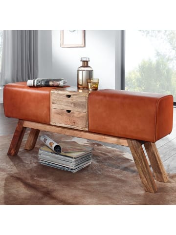 KADIMA DESIGN Retro-Sitzbank mit Schubladen, Massivholz, Stoffbezug, Seitentasche