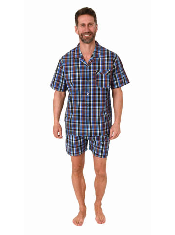 NORMANN Schlafanzug Shorty Pyjama kurzarm gewebt zum Knöpfen in blau