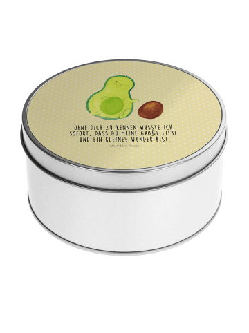 Mr. & Mrs. Panda Blechdose rund Avocado Kern rollt mit Spruch in Gelb Pastell