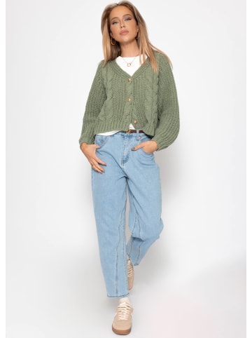 SASSYCLASSY Zopfstrick-Cardigan mit Knopfleiste in Salbeigrün