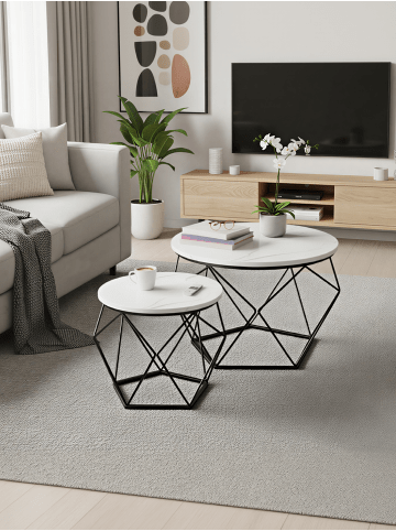 VASAGLE 2er-Set:Couchtisch rund Island in Weiß-Schwarz - (B)60 x (H)45 x (T)60 cm
