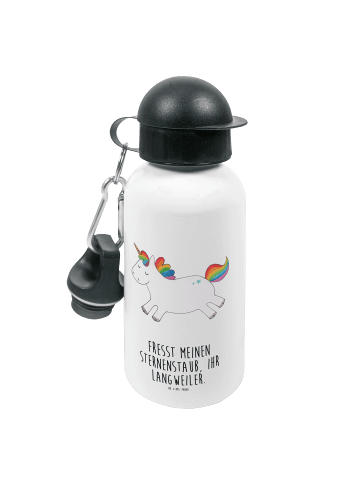 Mr. & Mrs. Panda Aluminium Trinkflasche Einhorn Happy mit Spruch in Weiß