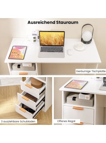 COSTWAY Schreibtisch mit 3 Schubladen und Ladestation in Weiß