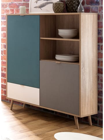 Furn.Design Highboard Eiche, Petrol, weiß, grau 103 cm, Kommode Tricolor skandinavisch