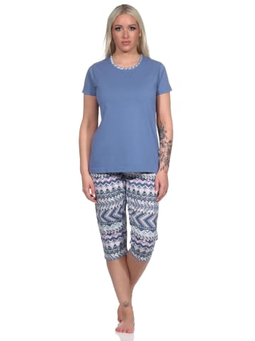 NORMANN kurzarm Schlafanzug Pyjama Caprihose Ethnolook in blau