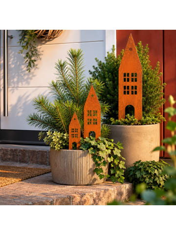 UNUS 3er Set Gartenstecker Rost Häuser in Braun