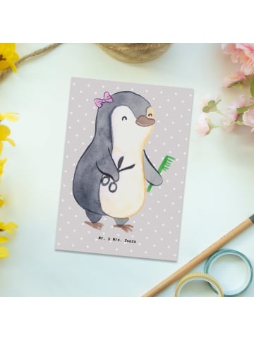 Mr. & Mrs. Panda Ansichtskarte Friseurin Herz ohne Spruch in Grau Pastell