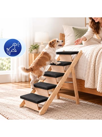 relaxdays Hundetreppe "5 Stufen" in Natur/Schwarz - (B)84,5 x (H)80 x (T)44 cm