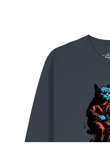 wat? Apparel Sweatshirt Katze auf Fahrrad in India Ink Grey