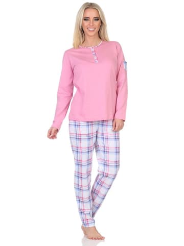 NORMANN Schlafanzug langarm Pyjama karierter Hose Jersey - 84745 in rosa