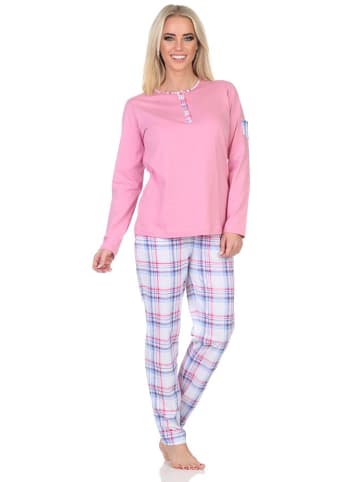 NORMANN Schlafanzug langarm Pyjama karierter Hose Jersey in rosa