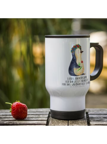 Mr. & Mrs. Panda Kaffeebecher Pinguin Blumen mit Spruch in Weiß