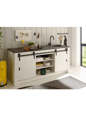 Furn.Design Küchenschrank weiß Pinie, anthrazit Landhaus 200 cm für Spüle / Kochfeld