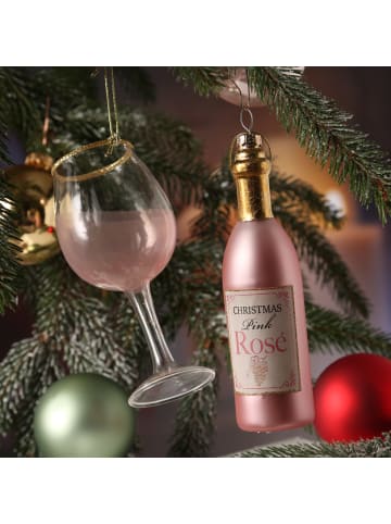 MARELIDA 2er Set Weihnachtsbaumschmuck ROSÉWEIN Flasche und Glas in rosa