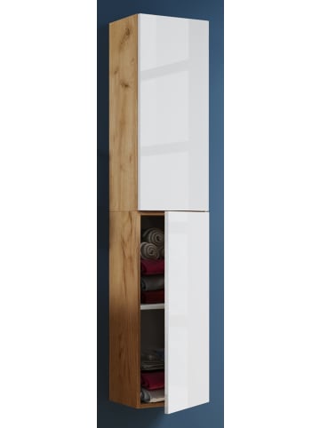 VCM Holz Badmöbel Bad Hochschrank Badschrank Lendas in Honig-Eiche / Weiß