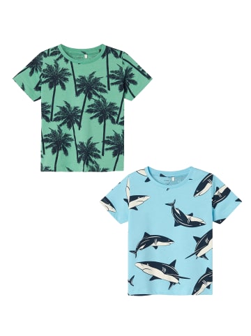 name it T-Shirt 2er-Set Kurzarm Normal geschnitten Rundhals in Grün-Blau