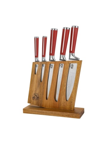 Cheffinger 6-teiliges Messer-Set mit ergonomischen Griffen & Messerblock - Rot in Rot