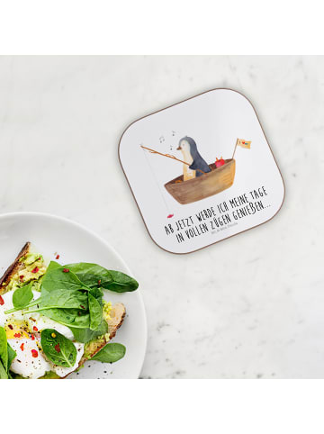 Mr. & Mrs. Panda Holz Untersetzer Pinguin Angelboot mit Spruch in Weiß