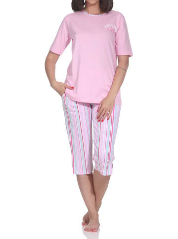NORMANN Schlafanzug Capri kurzarm Streifenoptik Übergrössen in rosa