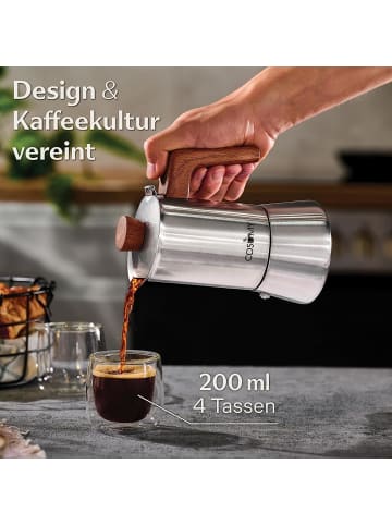 Cosumy Espressokocher aus Edelstahl und nachhaltigem Eichenholz - 4 Tassen