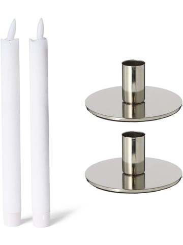 Novaliv 2er-Set Stabkerzenhalter Metall Silber 10x5cm mit LED-Stabkerze Echtwa in Silber