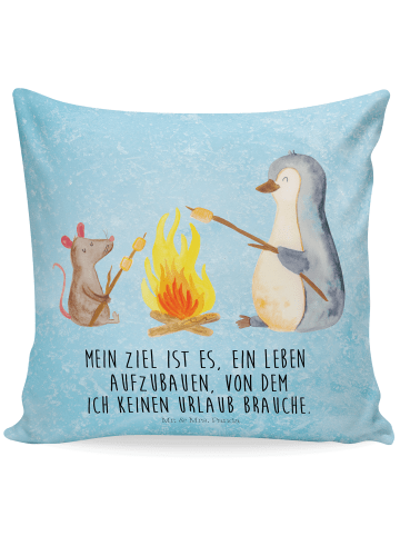 Mr. & Mrs. Panda Kissen Pinguin Lagerfeuer mit Spruch in Eisblau