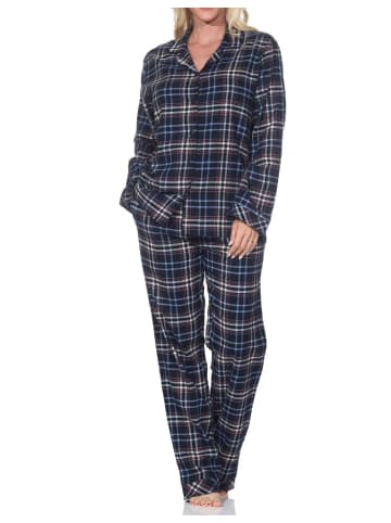 NORMANN Flanell Schlafanzug langarm Pyjama Kariert in navy