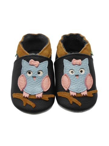 Yalion Leder-Krabbelschuhe "Owl" in Schwarz