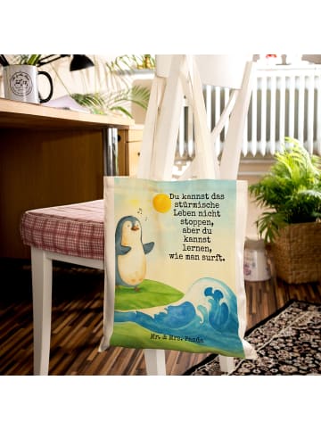 Mr. & Mrs. Panda Tote Bag Pinguin Surfer Design mit Spruch in Weiß