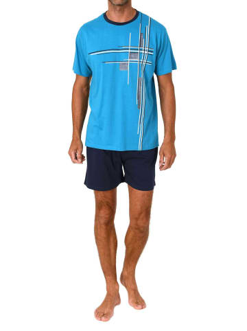 NORMANN Schlafanzug kurzarm Shorty Frontprint in blau