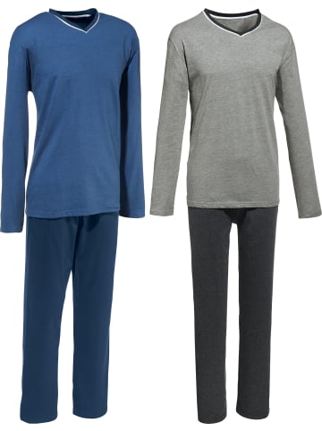 REDBEST Single-Jersey Schlafanzug 2er-Pack in blau/hellgrau-anthrazit meliert