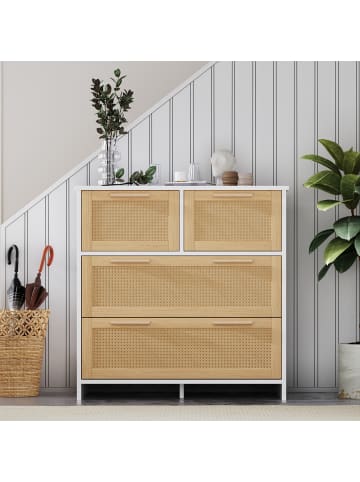 ABRIHOME Rattanschrank in Natur Weiß mit 4 Schubladen Massivholzgriffen