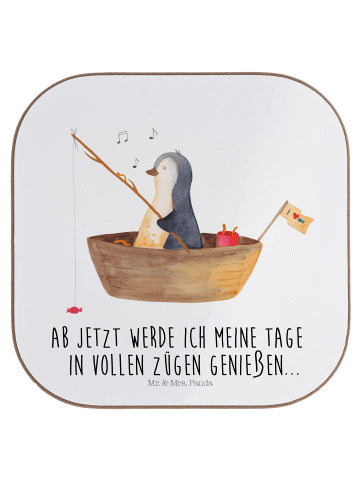 Mr. & Mrs. Panda Holz Untersetzer Pinguin Angelboot mit Spruch in Weiß