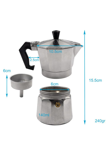 Intirilife Espressokocher Aluminium 3 Tassen Mokka-Kanne 160 ml Kaffeebereiter in Silber