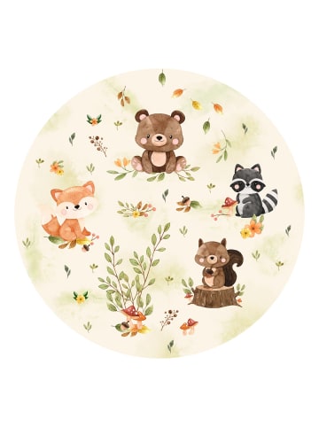 WALLART Runde Tapete - Waldtiere Herbst Fuchs Bär Eichhörnchen Waschbär in Beige