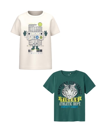 name it T-Shirt 2er-Set Kurzarm Rundhals Regular Fit Print in Weiß-Grün