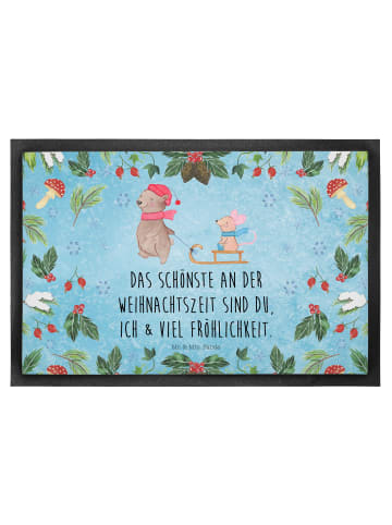 Mr. & Mrs. Panda Fußmatte Bär und Maus Schlitten mit Spruch in Eisblau