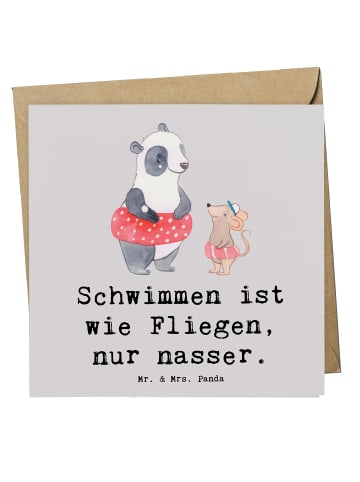 Mr. & Mrs. Panda Klappkarte Schwimmen wie Fliegen mit Spruch in Grau Pastell