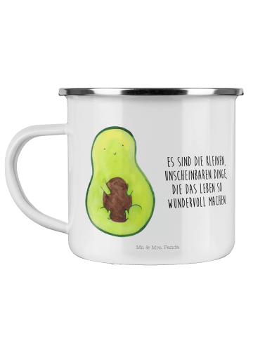 Mr. & Mrs. Panda Camping Emaille Tasse Avocado Kern mit Spruch in Weiß