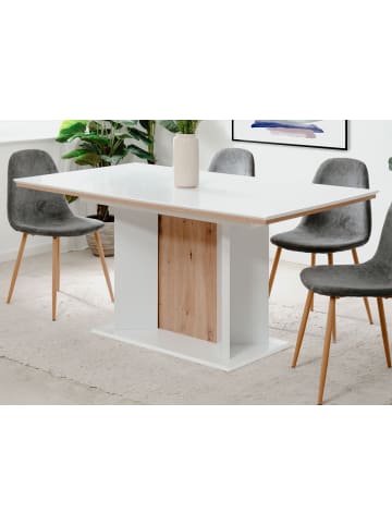 Furn.Design Esstisch weiß, Eiche Artisan, Säulentisch ausziehbar 160 - 200 x 90 cm